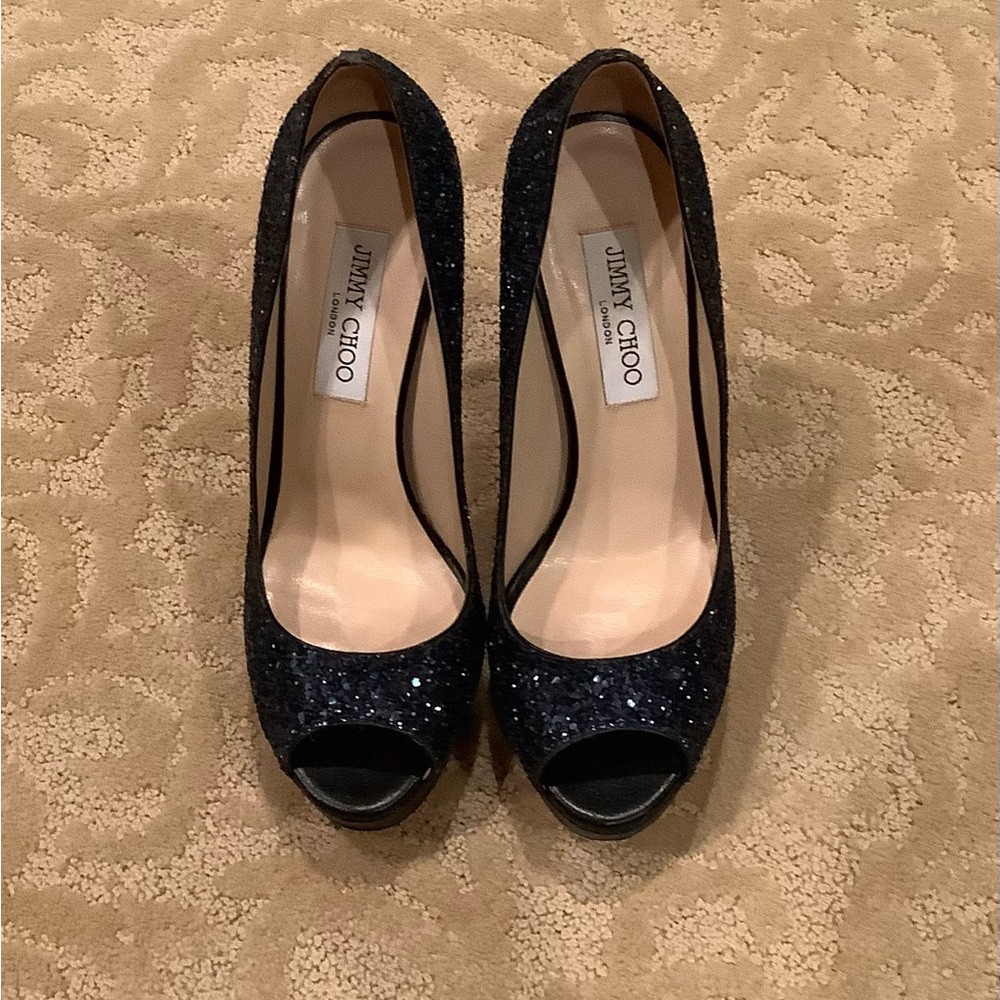 Jimmy Choo Navy Blue Glitter Peep Toe Heels